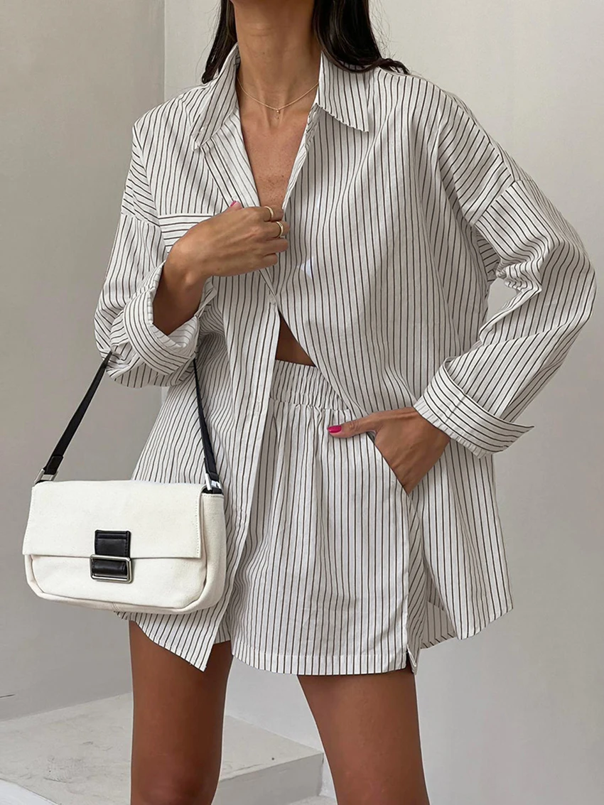 Marthaqiqi Striped Female Sleepwear Set Long Sleeve Pajamas Turn-Down Collar Nightwear Shorts Casual Women Nightie 2 Piece Suit