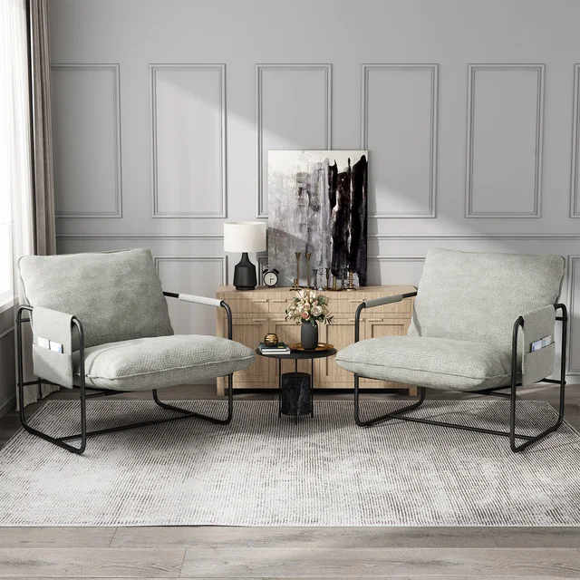Sling Accent Chair Set of 2, Metal Framed Armchair with Removable Storage Bag, Upholstered Living Room Chairs, Beige Accent Chai