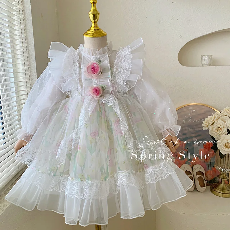 

2024 Girl's Fragmented Flowers Fashionable Long sleeved Princess Spring Lolita Dress Baby Girl New Skirt Spring Fashion