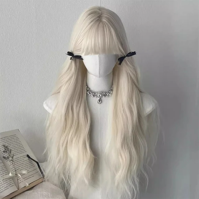Synthetic Long Body Wave Black And Gray Ombre Cosplay Wigs White Blonde for Women Long Wavy Hair Natural Lolita 4