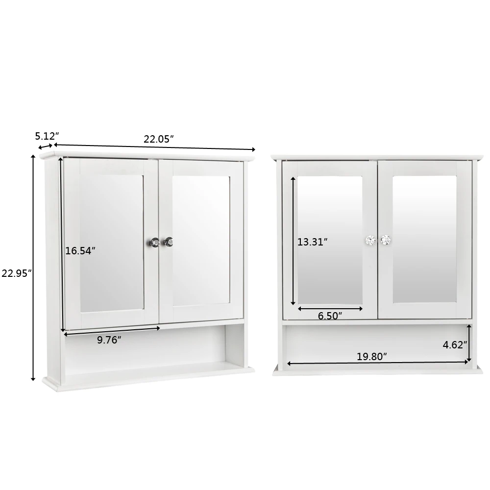 Double Door Mirror Indoor Bathroom Wall Mounted Cabinet Shelf White 4
