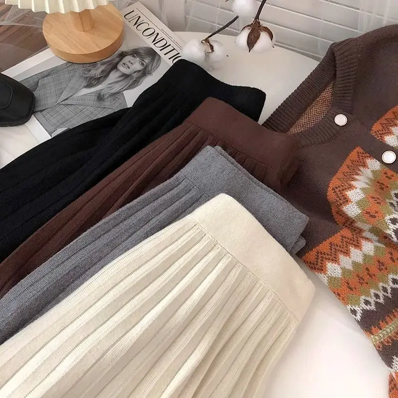 High Waist Mini Skirt Women Knitting Pleated A-line Thicken Loose Korean-style Hotsweet Girls Gentle Elegant Chic Leisure Solid 6