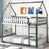 Children Beds, Bunk Bed Twin Over Twin, Wood House Low Bunk Bed with Ladder & Fence Safety Guardrail, Space-Saving 1