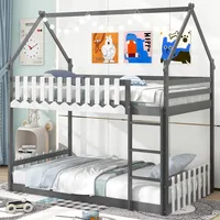 Children Beds, Bunk Bed Twin Over Twin, Wood House Low Bunk Bed with Ladder & Fence Safety Guardrail, Space-Saving 1