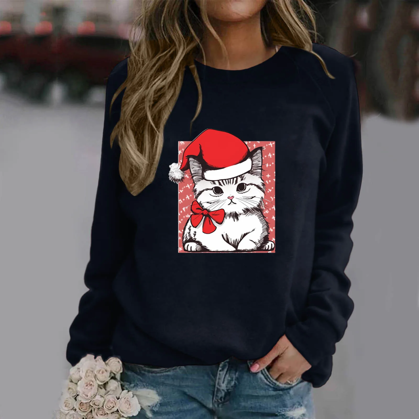 

Women's Christmas Casual Round Neck Raglan Long Sleeve Gift Knot Cat Print Pullover ropa mujer Outfits vintage