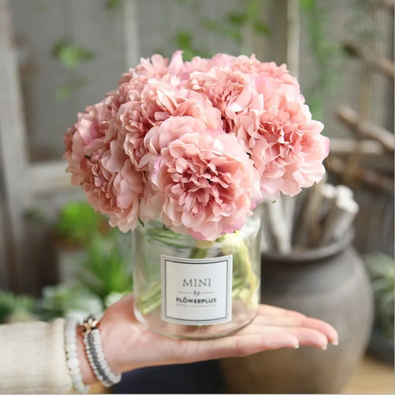 Artificial Hydrangea, Rose and Dahlia Stems in Glass Pedestal Vase