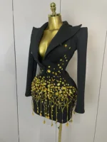 Sparkly Crystal Chains Pearls Long Sleeve Mini Dress 2025 Women Birthday Evening Party Nightclub Outfit Singer Wedding Costume - Image 4