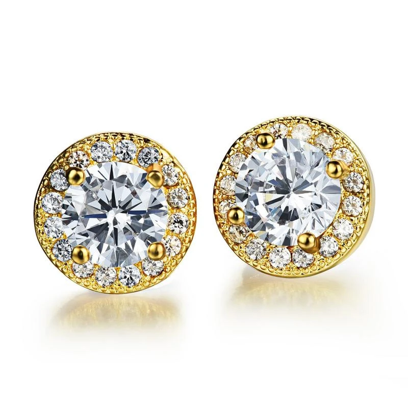 Luxury Crystal White Zircon Stud Earrings Simple Yellow Gold Color Round Vintage Wedding Jewelry For Women