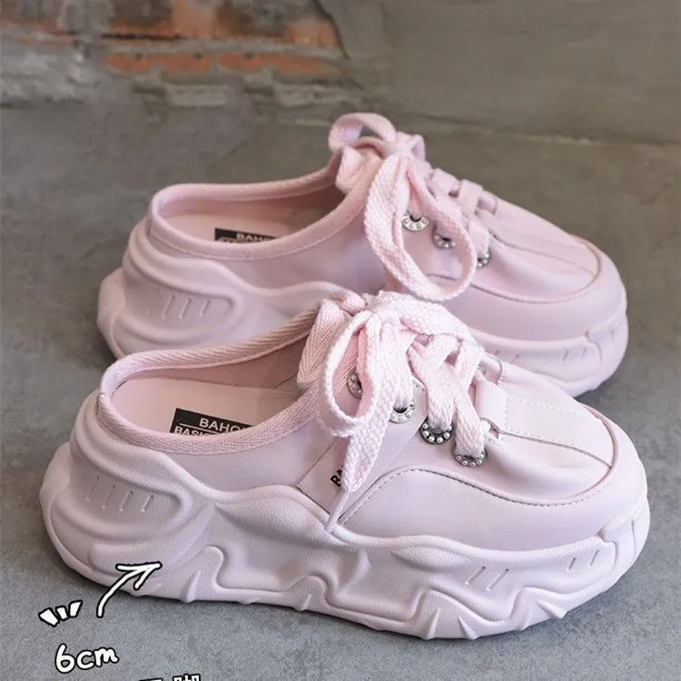 

Flat Shoes Female House Slippers Platform Slides Slipers Women Low Cover Toe 2023 Hoof Heels Rome Rubber Fabric PU Basic Spring