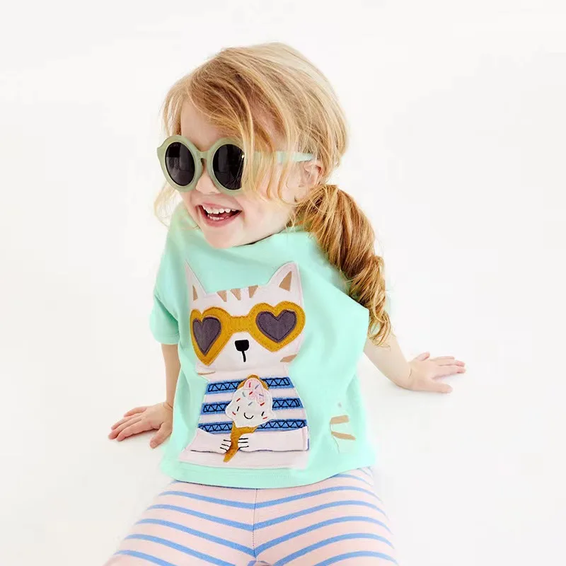 Summer Girls T Shirts Cute Cats Appliques Baby Unisex Tops Tees Shirts for Little Girls Shorts Sleeve Clothes 2-7T