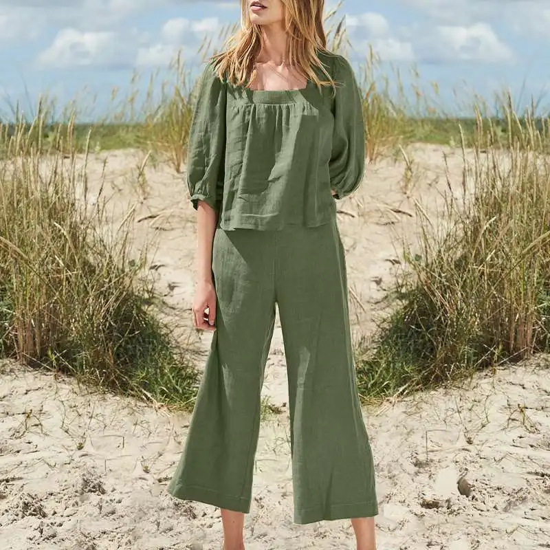 Women's Cotton Linen Sets Autumn Spring Pocket Wide Leg Pant Suits Two 2 pcs Sale JYFS-6439 3
