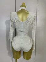 Luxury White Full Pearl Long Sleeved Stretch Bodysuit Women Birthday Evening Party Celebrate DJ Performance Nightclub Stage Wear - Image 3