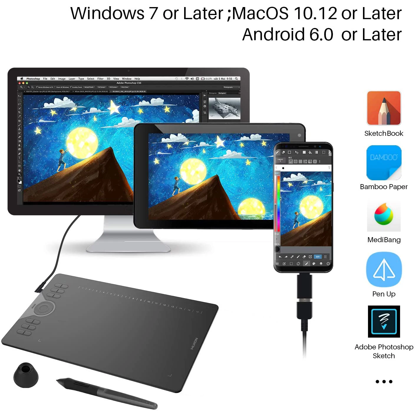 Tablet de Desenho Gráfico 10x6.25 Polegadas 28 Express Keys 8192 Stylus sem Bateria Caneta para Telefone Android Macbook Huion-hs610 - Imagem 6