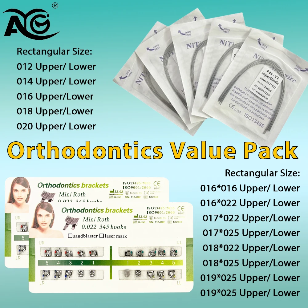 AG Orthodontic Arch Wire & Bracket Combo Set – NITI/Stainless Archwire + Mini Roth 022 Hooks 345 for Dental Clinic