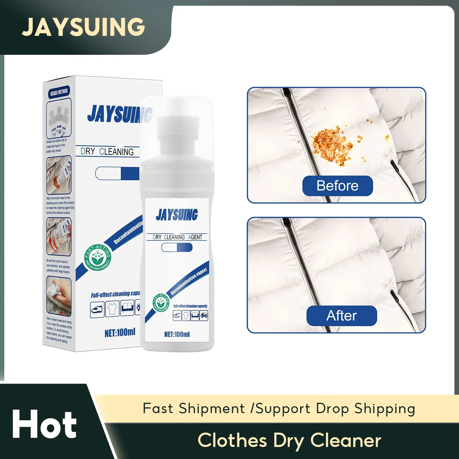 Clothes Dry Cleaner Spray Dirt Oil Stain Clothes Waterless Clean Down Jacket Decontamination Portable Fabric Stain Remove Agent