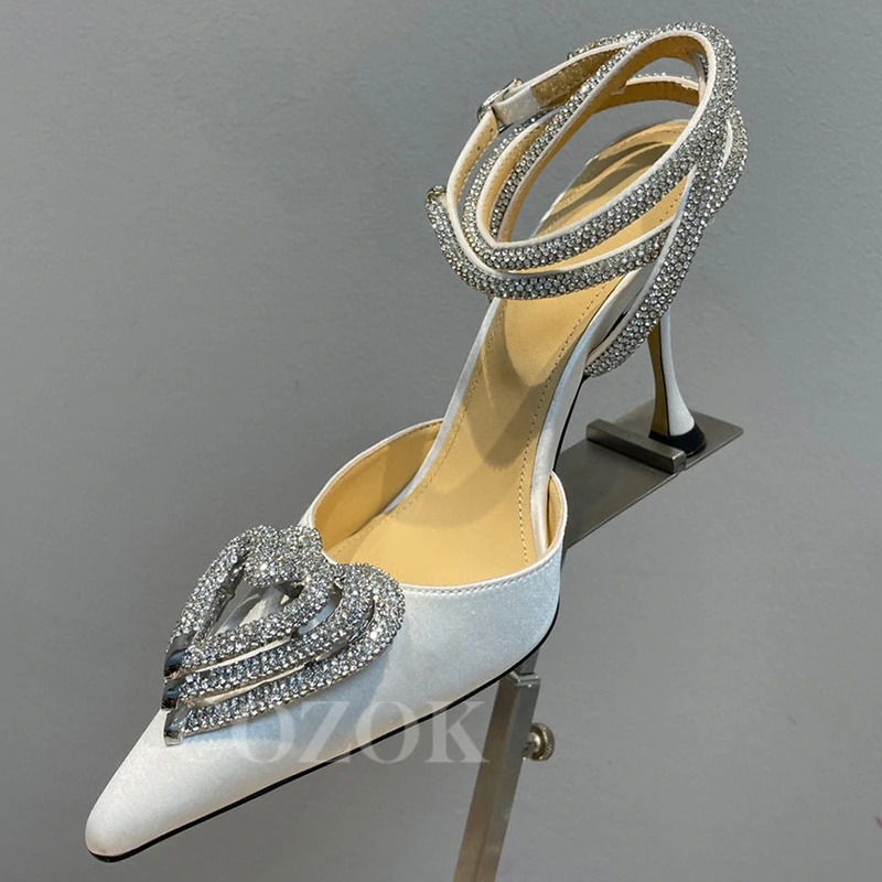 

New Ladies Sandals Summer Crystal Heart-Shaped Decor Pointed Toe High Heels Snake Shape Circle Design Buckle Strap Female Pumps