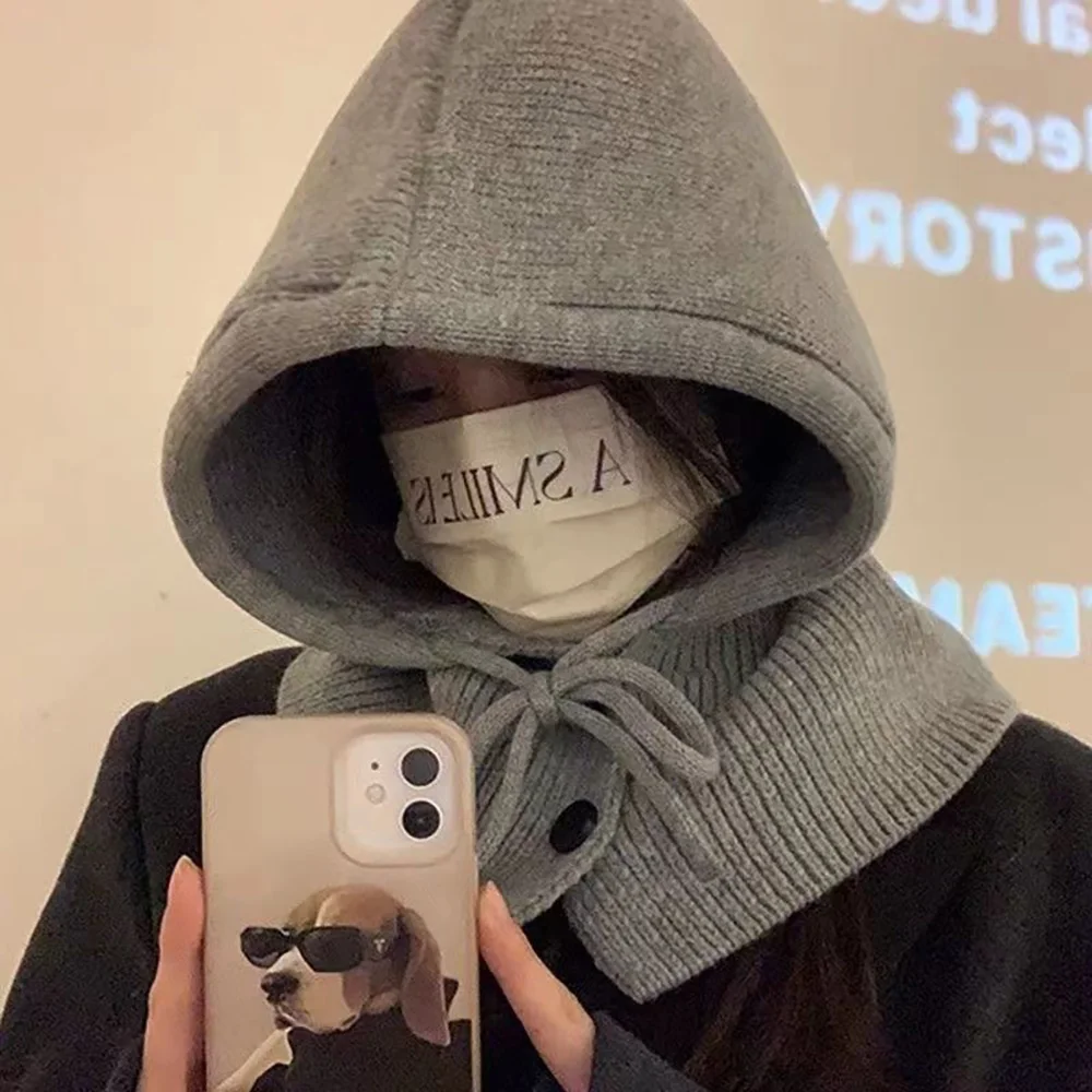 2024 Winter Balaclava Hats For Women Unisex Knitted Hooded beanie Solid Color Slouchy Scarf One-Piece Outdoor Ear Protection Cap 2