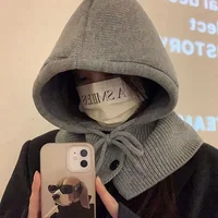 2024 Winter Balaclava Hats For Women Unisex Knitted Hooded beanie Solid Color Slouchy Scarf One-Piece Outdoor Ear Protection Cap 2