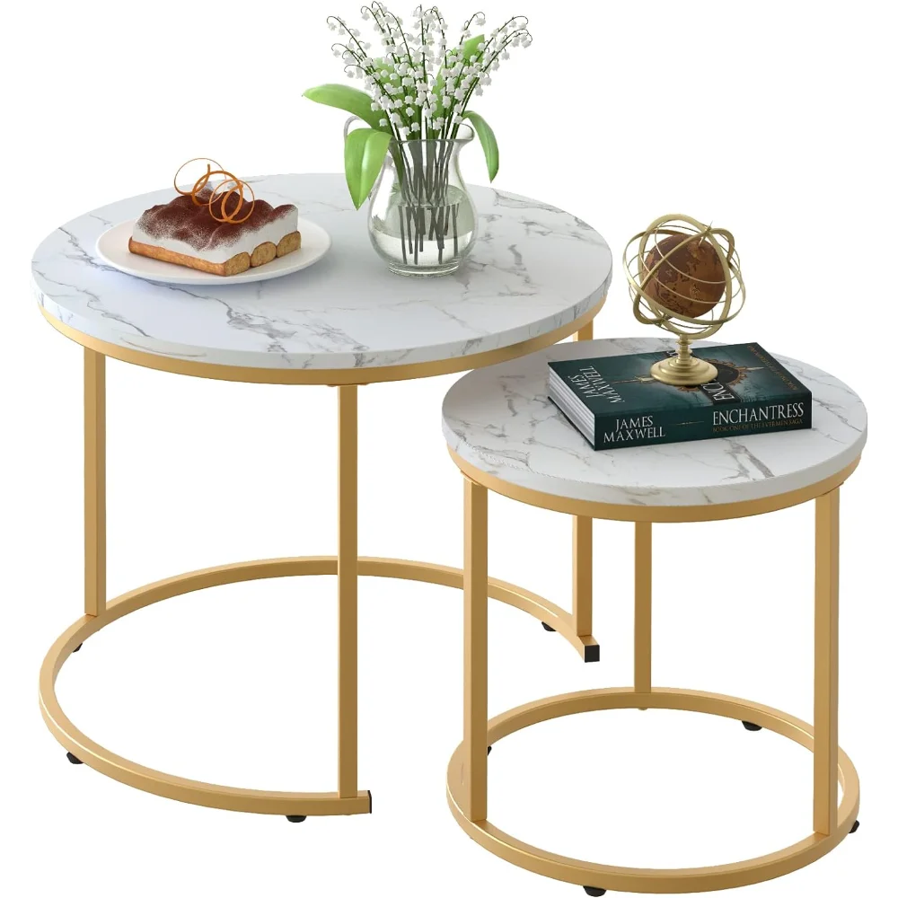 

aboxoo Coffee Table Nesting White Set of 2 Side Set Golden Frame Circular and Marble Pattern Wooden Tables, Living Room Bedroom