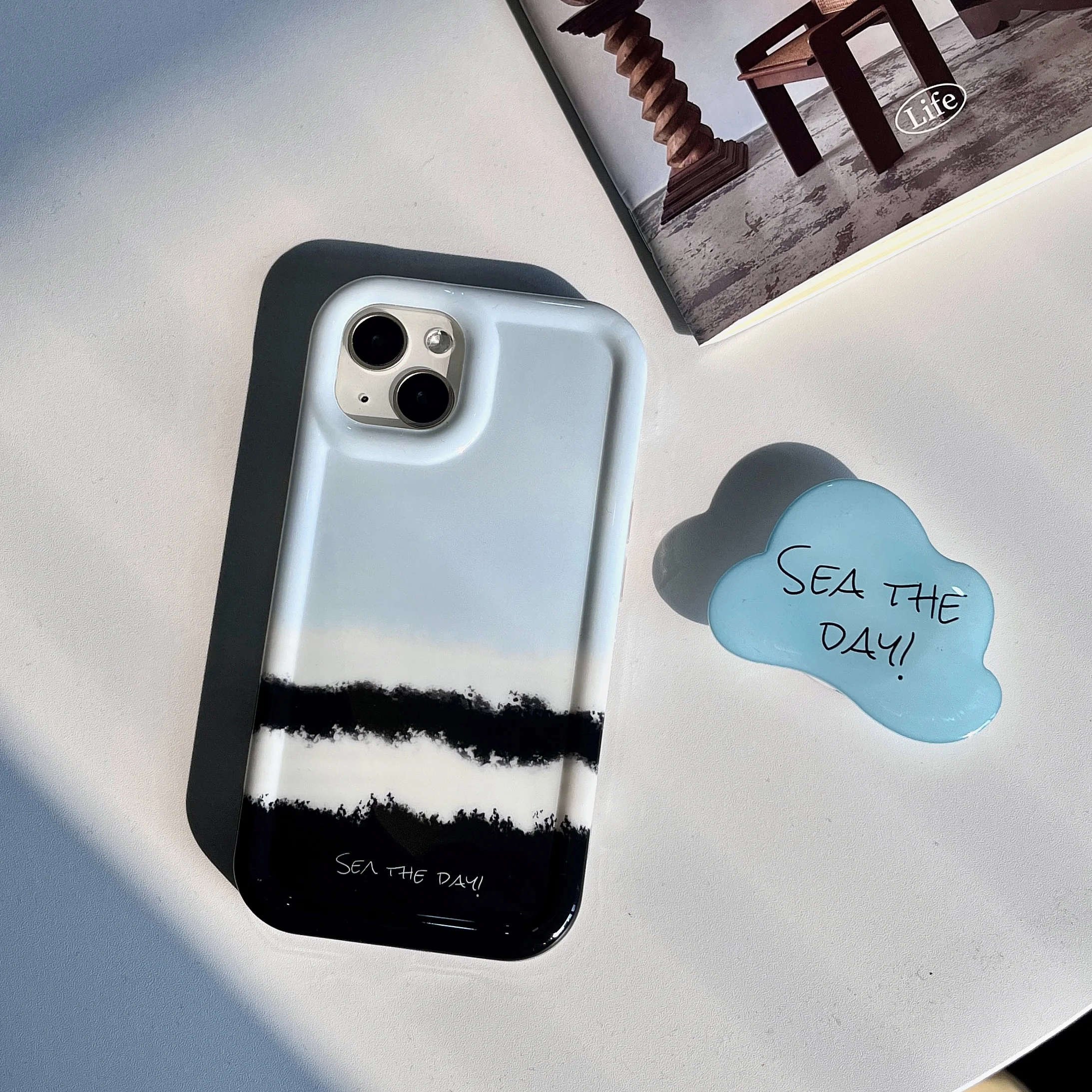 Korean INS Sea & Cloud Stand Anti-scratch Case for iPhone 14 13