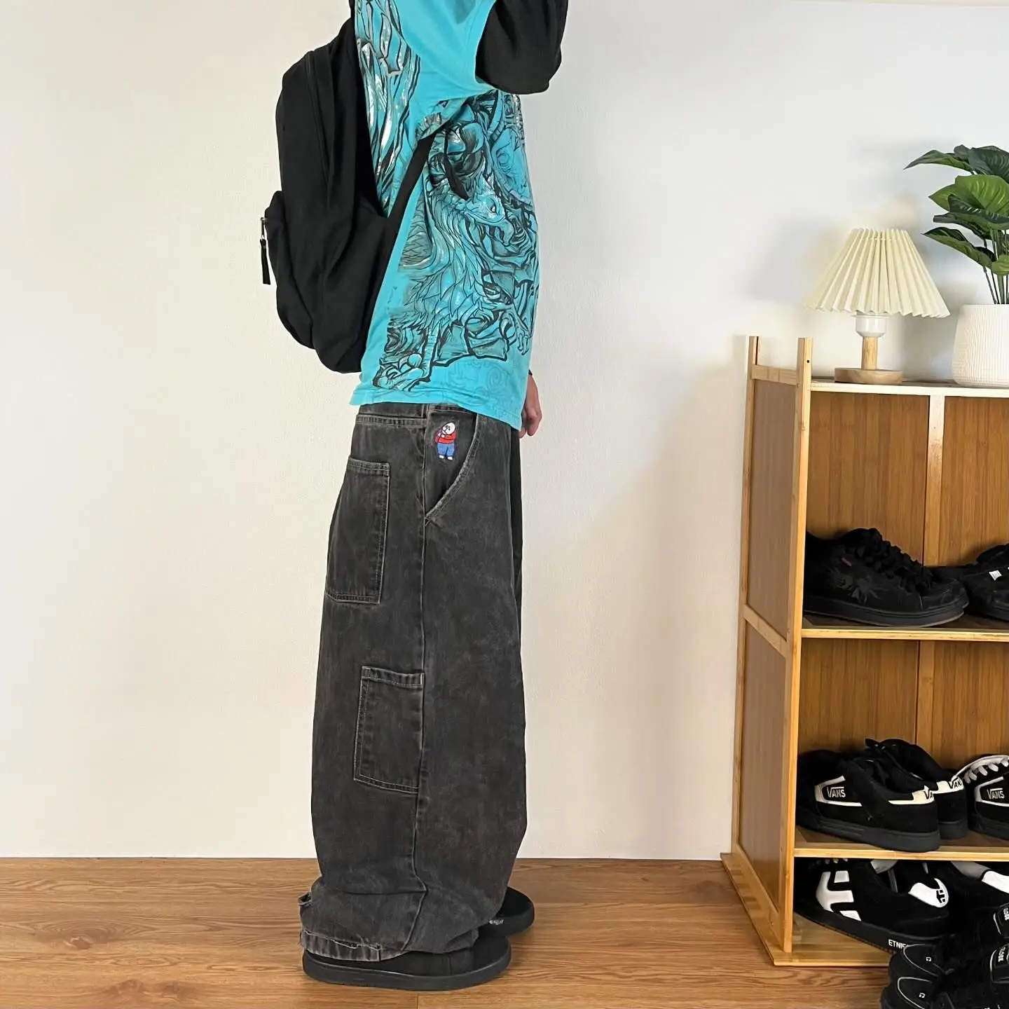 

Джинсы мужские мешковатые с вышивкой, штаны из денима с завышенной талией, в стиле Харадзюку, черные брюки с широкими штанинами, в стиле ретро, большие мальчики, Y2K