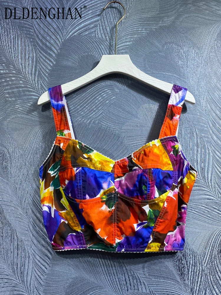 

DLDENGHAN весенние хлопковые топы с открытой спиной Женские сицилийские спагетти с разноцветным принтом для отпуска Короткие топы Модные дизайнерские новые