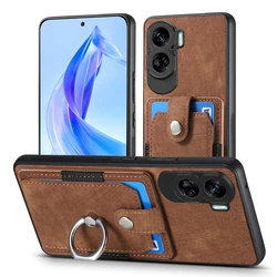 Luxury Leather Magnetic Wallet Case with Ring Holder and Card Slots - Honor 90 Lite (D2 - Brown)