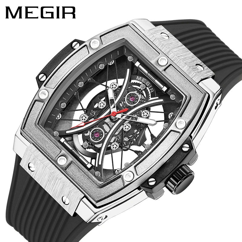 MEGIR Fashion Hollow Quartz Watch for Men Sport Silicone Strap Waterproof Military Mens Watches Brand Luxury Relogio Masculino