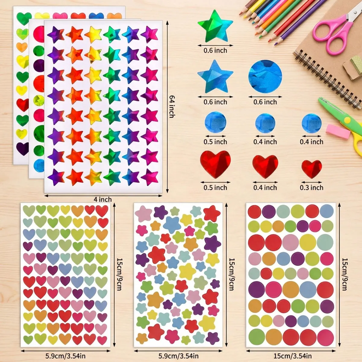 반짝이는 홀로그램 보상 스티커 세트, 원형 도트 하트 별 모양 학생용 반짝이 글리터 포일 행동 보상 차트 스크랩북 데칼