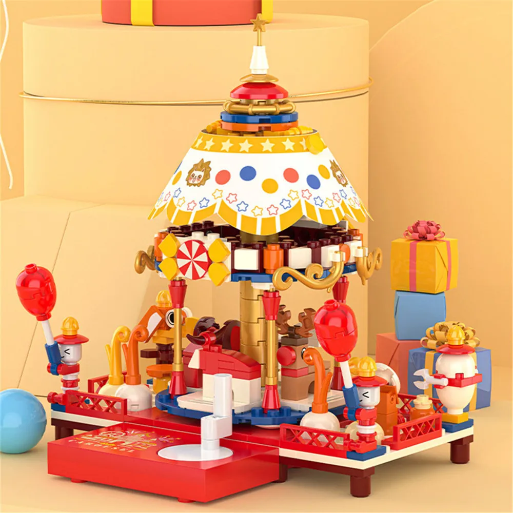 

JAKI Carousel Bricks Amusement Park 3D Fun House DIY Model Building Blocks City Steet View Architecture Seyaom Toy For Childrens