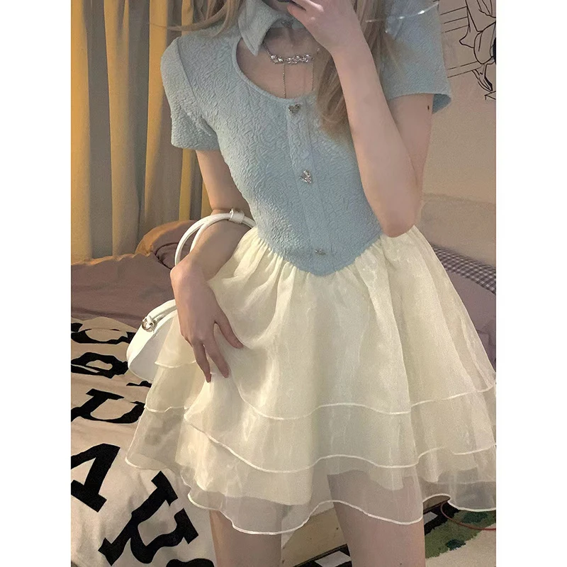 

2023 New Summer Dress Women Chiffon Patchwork Sweet Hollow Out Fluffy Party Mini Dress Female Fashion Vintage Fairy Dress