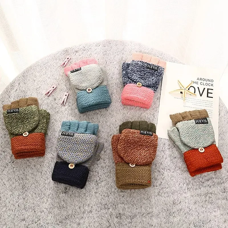 Kid Winter Mitten Baby Warm Knitted Fingerless Gloves for Boys Girls Half Finger Gloves Children Flip Mittens Thicken