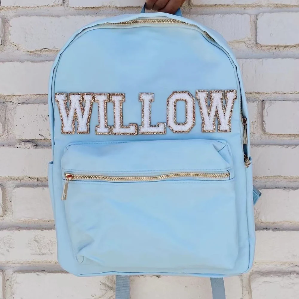 Letter Patches Solid Color Nylon Backpack Women Durable Waterproof