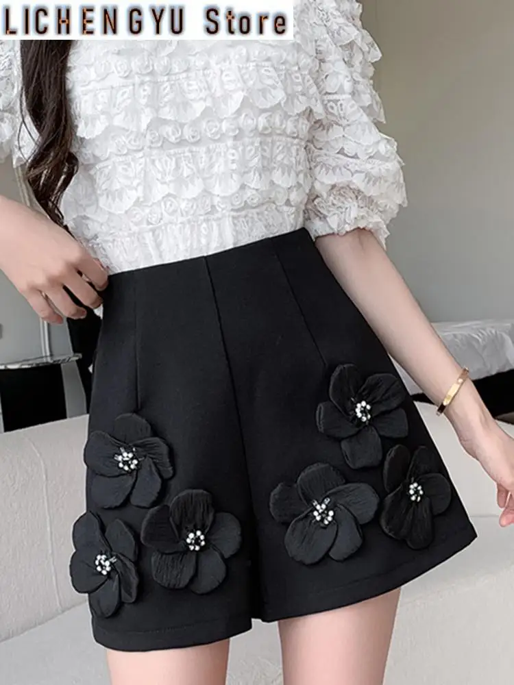 High Waist Beaded Flower Suit Shorts For Women Spring Summer Loose Slimming Versatile Wide Leg Pants
