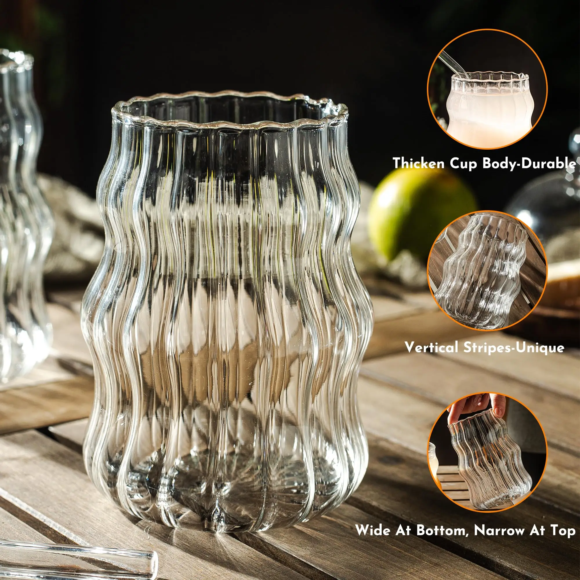 4PCS Ribbed Glass Cups With Straws With Lids Set 18Oz Vintage Drinking Glassware For Iced Coffee Beverage Milk Cocktails