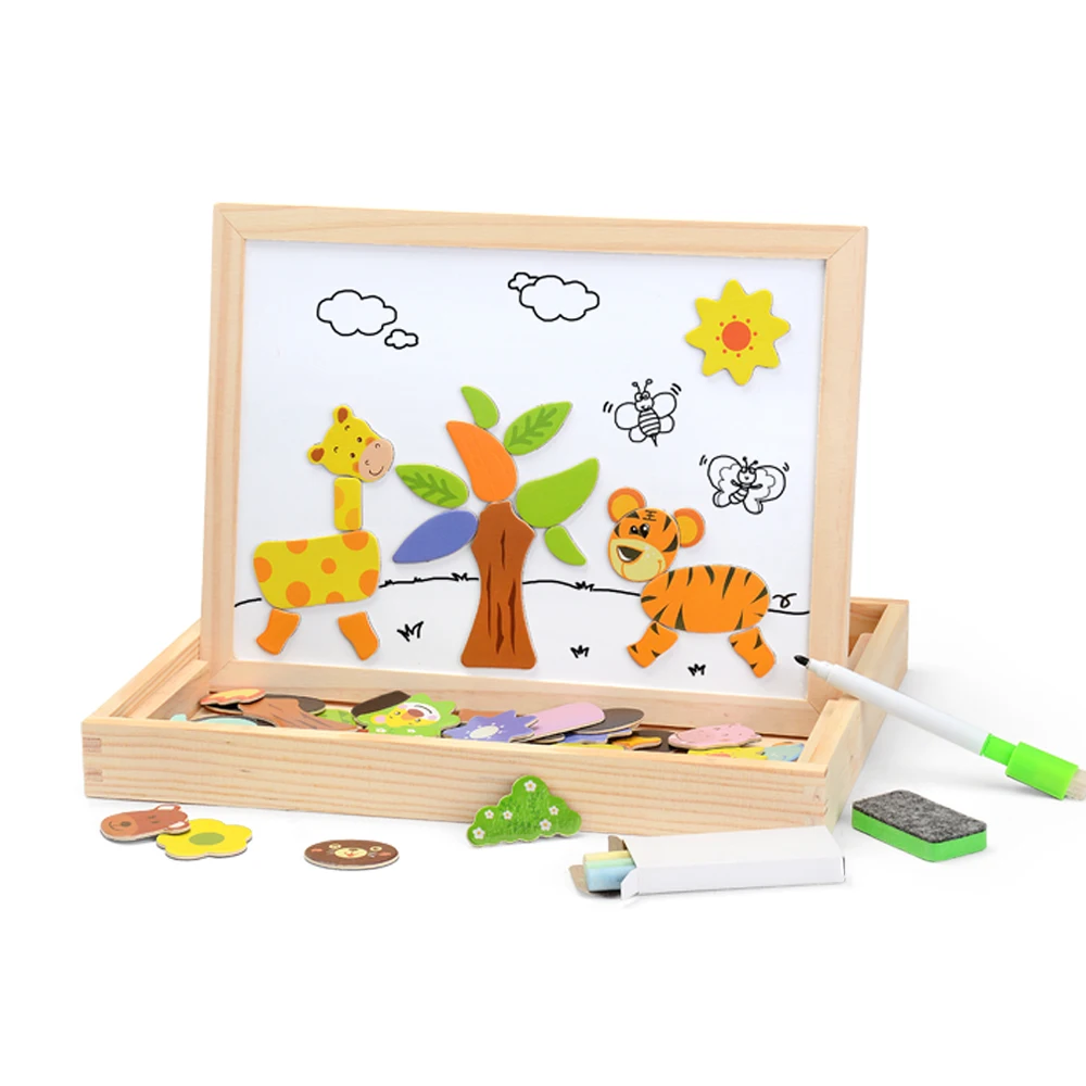 

120PCS Wooden Magnetic Puzzle Figure/Animals/ Vehicle /Circus Drawing Board 5 Styles Box Educational Toy Gift