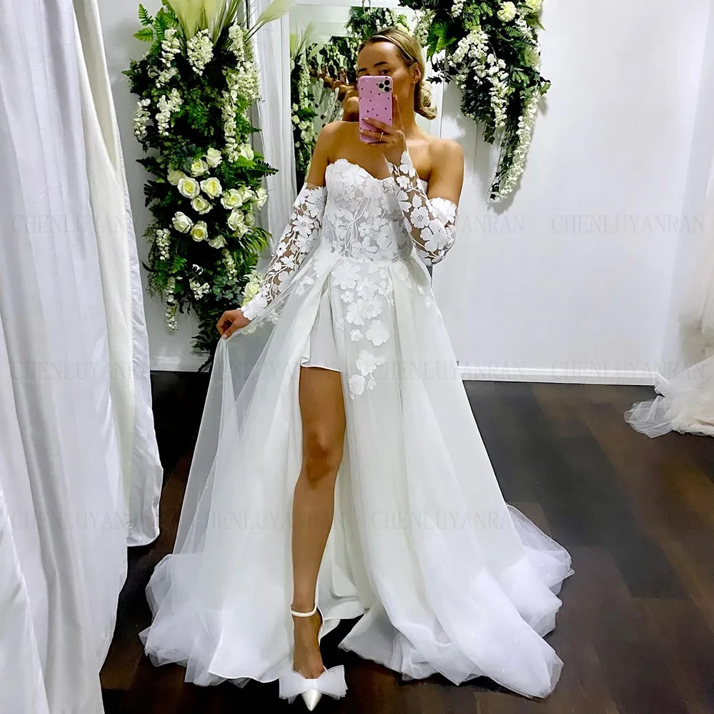 

Ivory Applique Wedding Dresses Sweetheart A-line Long Bride Dress Side Split Tulle Sexy Dress For Women 2024 Robe De Mariée