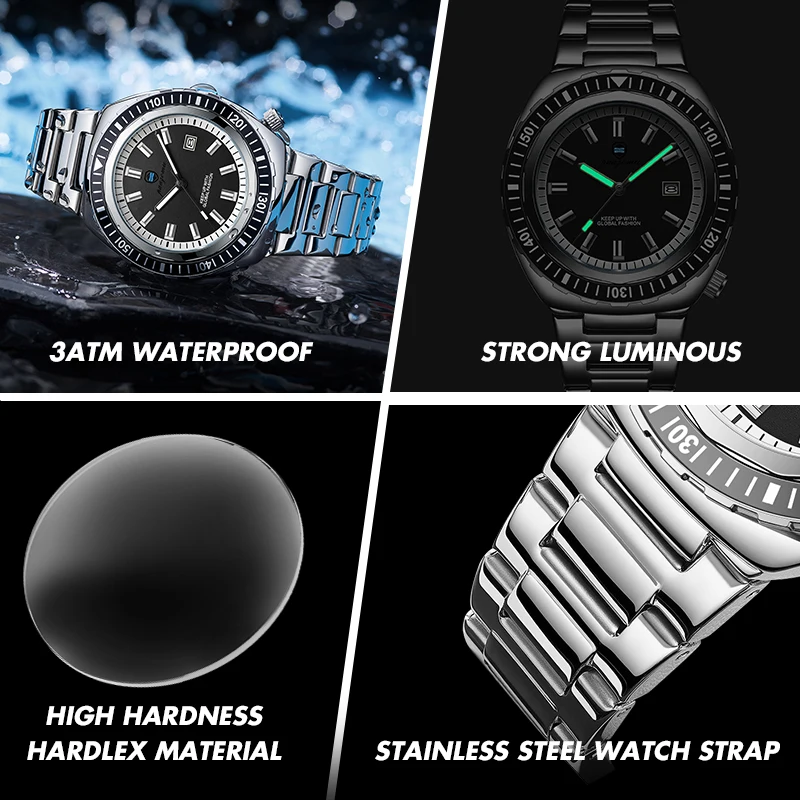 Montre homme de luxe, style business, date, jour de la semaine, étanche, lumineuse, bracelet sport en acier inoxydable, mouvement à quartz._voghion.com