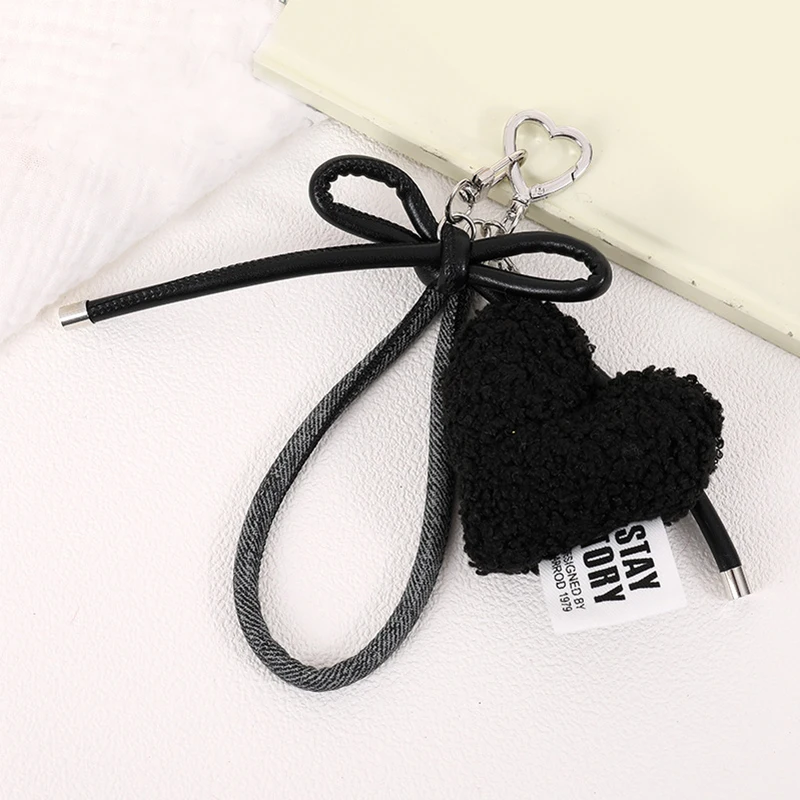 Sweet Love Heart Bag Charm Keychain Keyring Pendant with Wrist Lanyard for Coin Purse Backpack Car Decoration