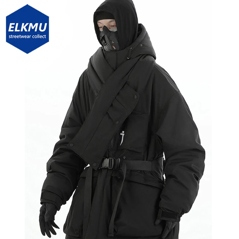 

Men Winter Hooded Jackets and Coats Scarf Collar Multi Pockets Black Thicken Warm Parkas Techwear Streetwear Padded Jacket Coat