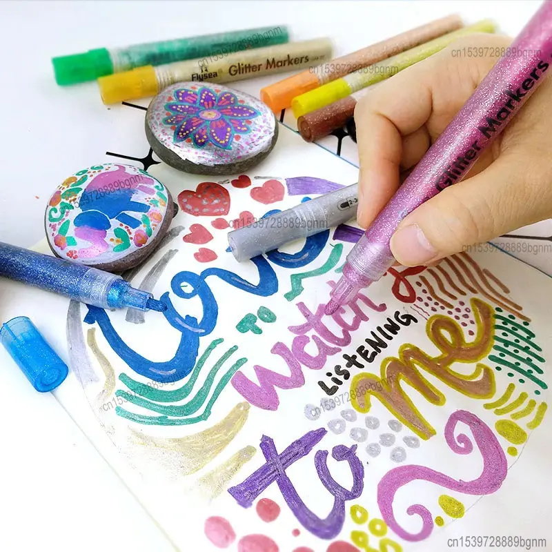 12Pcs Sparkle Color Acrylic Paint Glitter Marker Pen 3.0mm 0.7mm Tip Art Drawing Rock Stone Wood Poster Canvas Ceramic Scrapbook 6