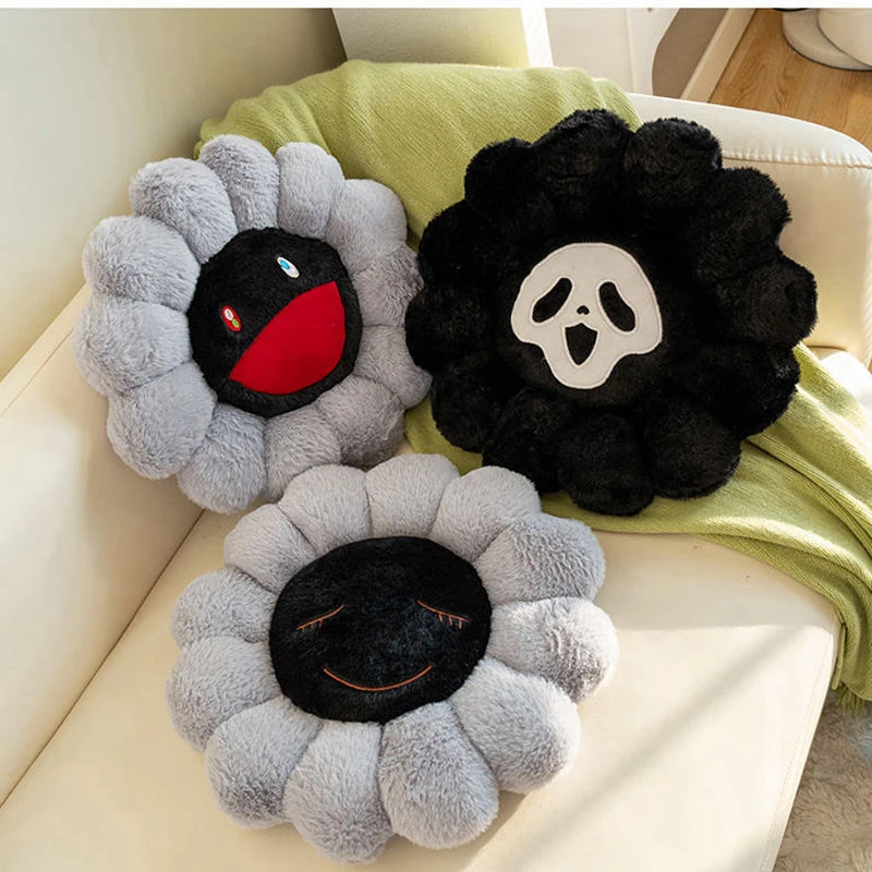 40x40cm Darkness Grey Black Sunflower Seat Cushion Evil Skeleton Round Flower Plant Plush Pillow Indoor Floor Sofa Decor Gift 2
