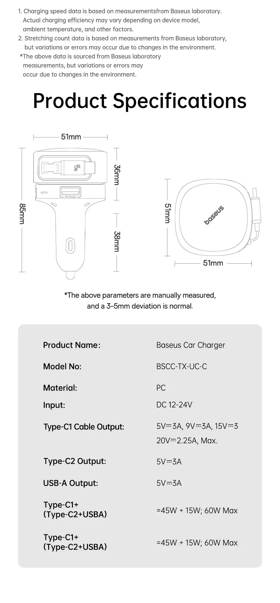 60W Car Charger 45W Retractable Cable 3 Ports Fast Charging 180° Rotating Car Ph