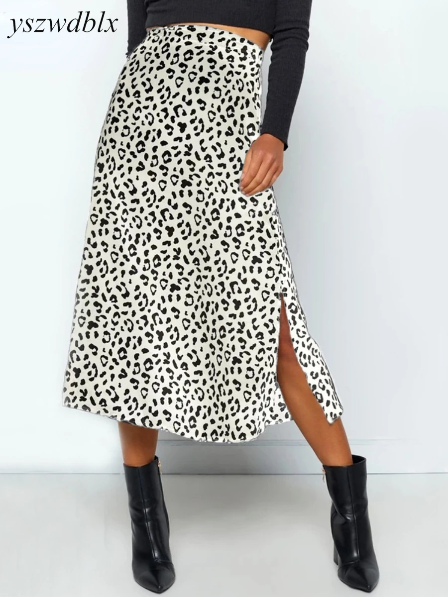 

Women Skirts 2022 Split Zipper Empire Long Mid-calf Spring Summer Sexy Leopard Printed Chiffon Skirt Ladies Fashion Streetwear