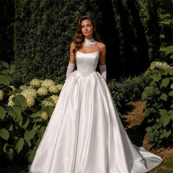 LIGI Elegante Abito da Sposa Avorio Senza Spalline in Raso Linea A Personalizzato Lunghezza al Pavimento con Strascico Vestito da Sposa Vestidos Novias Boda