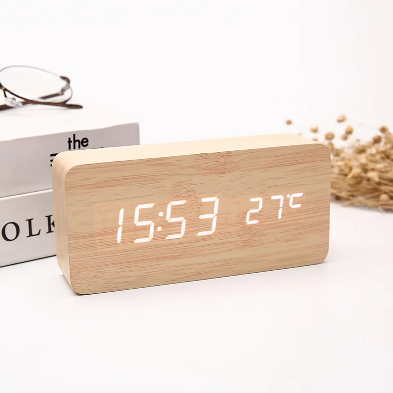 LED Student Alarm Clock Simple Wooden Clock Temperature Display Sound Control Desktop Home Decorative