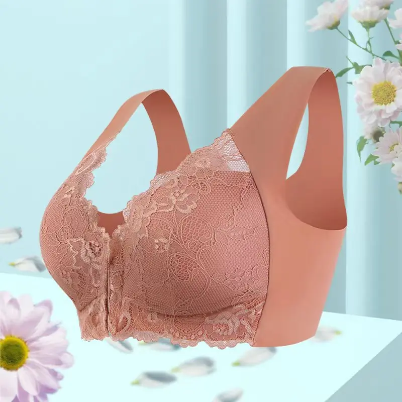 1 Piece Simple Solid Contrast Lace Front Buckle Bra, Comfy & Breathable Wireless Push Up Bra, Women's Lingerie & Underwear