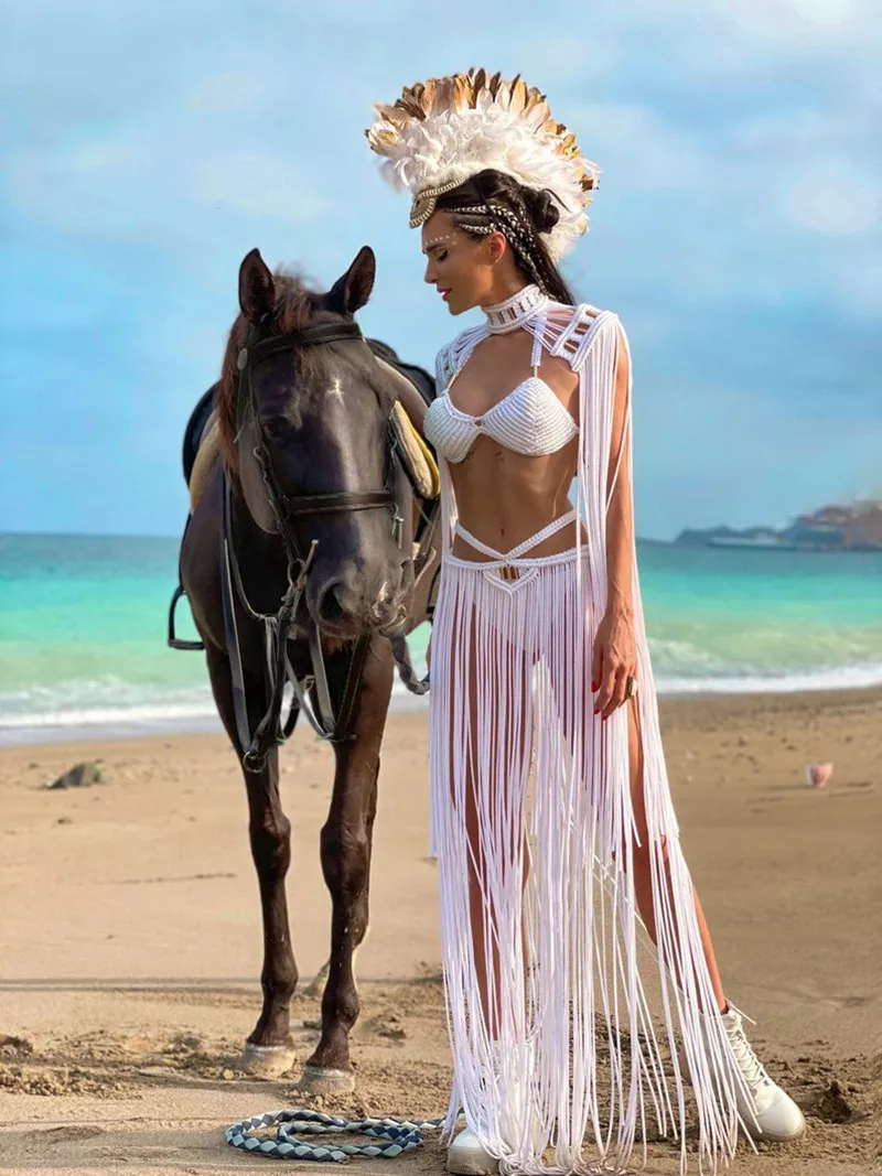 Women Bikini Cover Tassel Hand Crochet Knitted Women Bikini Cover Ups Summer Holiday Sexy Hollow Out Skirts Matching Beach Bathing Suit