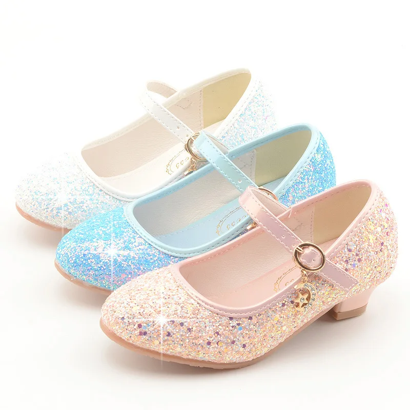 Glitter Princess Shoes for Girls Autumn Children's Shoes with Heels Fashion Wedding Party Kids Leather Shoe Breathable Non-slip