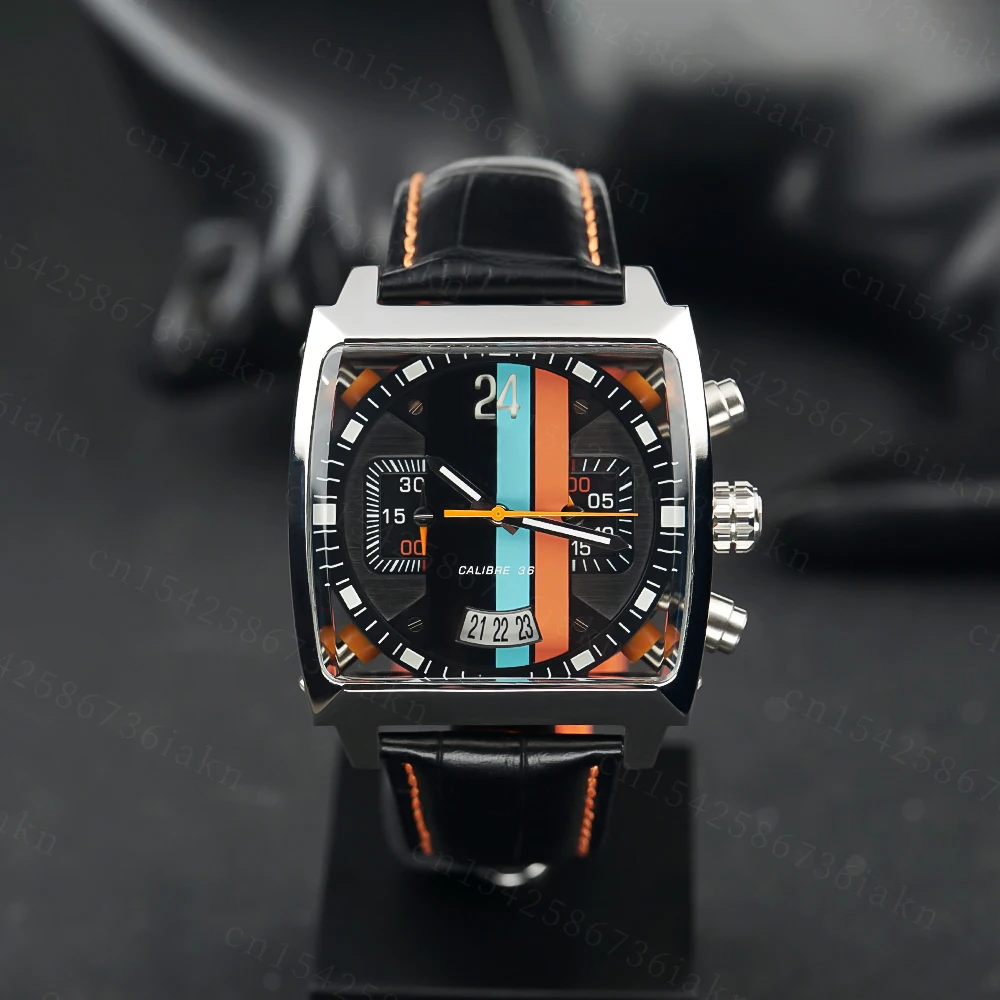 2022Fashion New Men's Color Bar Square Dial Sapphire Mirror Stainless Steel Leather Strap Sports Leisure Waterproof Quartz Watch